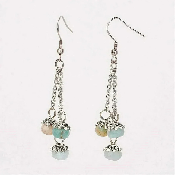 Handmade Edgy Surgical Steel Gemstone Earrings Triple Chain Natural Amazonite - Picture 1 of 1